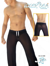 Icker Sea mesh beach pants black with black sheer pantaloons and white drawstrings at the waist