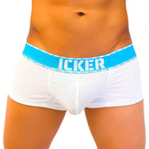 White mesh icker sea mesh contrast boxer briefs with bright blue waistband and bold white brand name icker