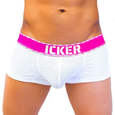 White mesh men’s boxer brief underwear with fuchsia waistband and icker branding sea mesh contrast COI-22-04