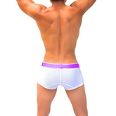 White mesh boxer briefs with a vibrant purple waistband from icker sea featuring breathable mesh fabric