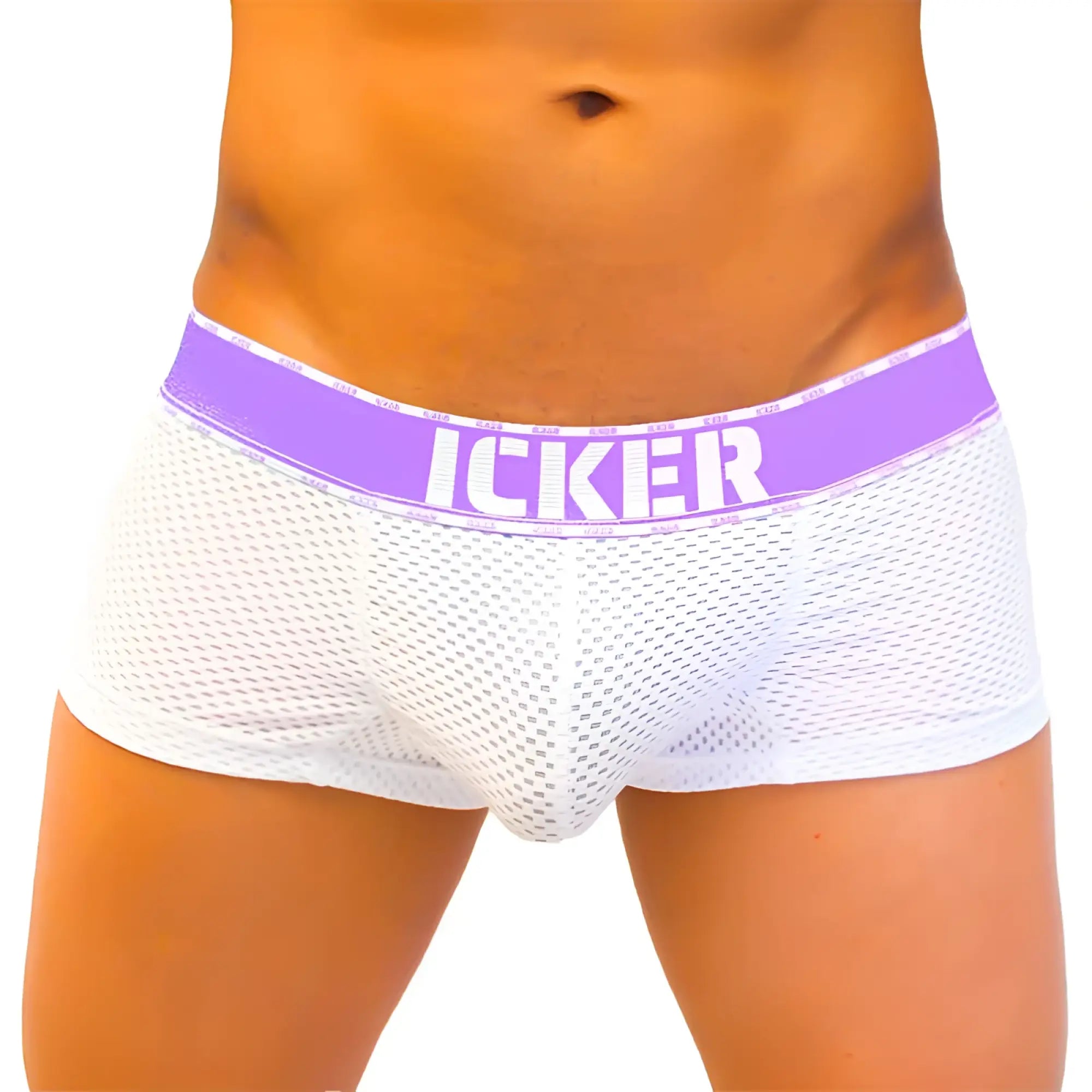 White mesh icker sea mesh contrast boxer briefs with purple waistband and white icker branding in front view