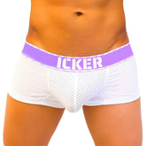 White mesh icker sea mesh contrast boxer briefs with purple waistband and white icker branding in front view
