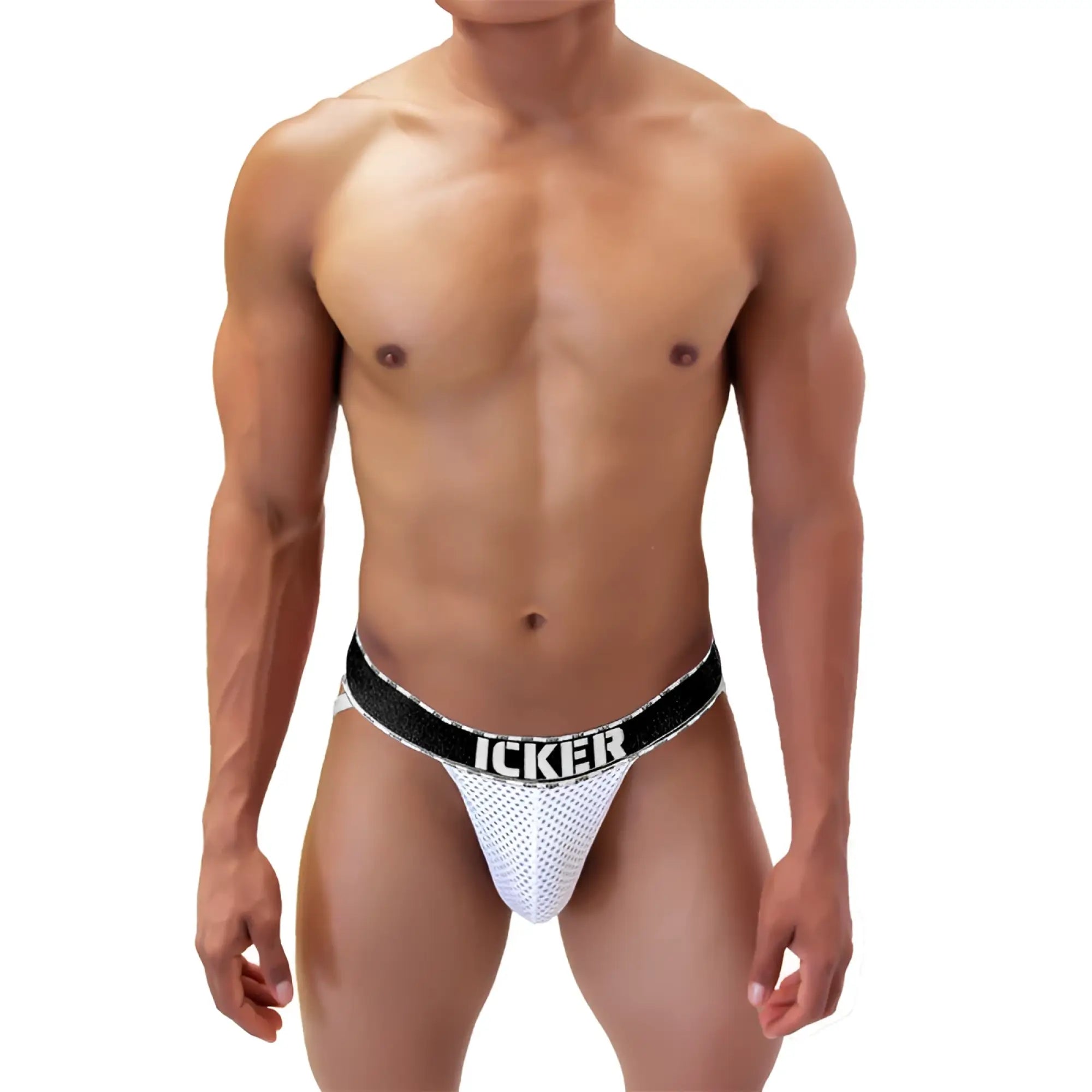 White mesh athletic brief with black elastic waistband featuring icker branding in bold white letters for activewear