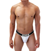 White mesh athletic brief with black elastic waistband featuring icker branding in bold white letters for activewear