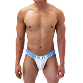 White mesh icker sea mesh contrast jock strap underwear with bright blue waistband and bold white brand name
