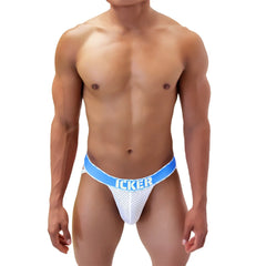 White mesh icker sea mesh contrast jock strap underwear with bright blue waistband and bold white brand name