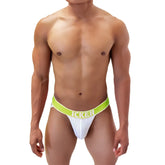 White mesh jockstrap with lime green waistband and icker branding from icker sea mesh contrast jock strap underwear