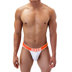 White mesh athletic brief with bold orange waistband featuring icker brand name from icker sea mesh contrast jock strap underwear