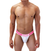 Icker Sea mesh contrast jock strap underwear in white mesh with bright pink waistband and bold white Icker branding