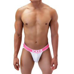 Icker Sea mesh contrast jock strap underwear in white mesh with bright pink waistband and bold white Icker branding