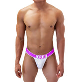 White mesh icker sea mesh contrast jock strap underwear with purple waistband and bold white icker branding