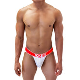 White mesh athletic brief with bold red waistband featuring icker brand name from icker sea mesh contrast jock strap underwear