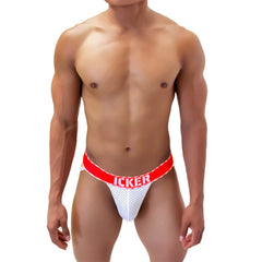 White mesh athletic brief with bold red waistband featuring icker brand name from icker sea mesh contrast jock strap underwear