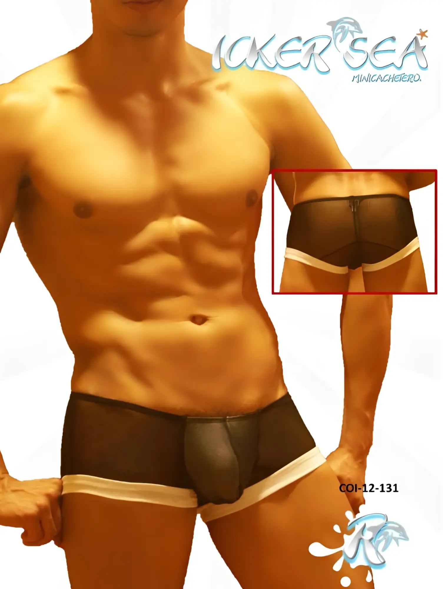 Icker Sea mesh contrast trim mini boxer brief underwear in black with white trim and black leather-like pouch