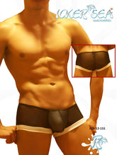 Icker Sea mesh contrast trim mini boxer brief underwear in black with white trim and black leather-like pouch