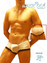 White icker sea mesh mini boxer brief underwear with black contrast trim and subtle logo on the side