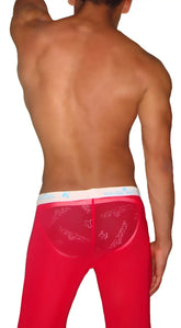 Icker Sea mesh lougewear pants in red sheer mesh with white waistband and light blue logo pattern visible from the back