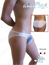 Icker Sea mesh slip bikini underwear in white with white waistband and light blue accent sheer mesh briefs