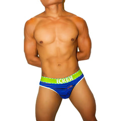 Icker Sea Mesh Stripe thong underwear in blue with neon green stripes and white trim featuring Icker waistband