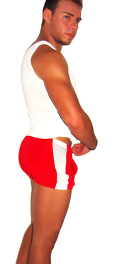 Red and white athletic shorts with bold vertical stripe down side paired with icker sea mesh tank top white