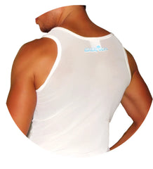 White icker sea mesh tank top t shirt back view showing subtle blue logo on breathable white mesh fabric