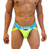 Bright neon green and blue icker sea peephole jock thong underwear with bold athletic cut for active wear