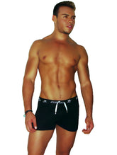Black icker sea runner side slit shorts with white drawstrings and subtle logo pattern on waistband
