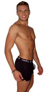 Black men’s boxer briefs icker sea runner side slit shorts in black with white embroidered logo and waistband trim
