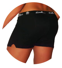 Black women’s boxer briefs icker sea runner side slit shorts in black with white logo band for active comfort