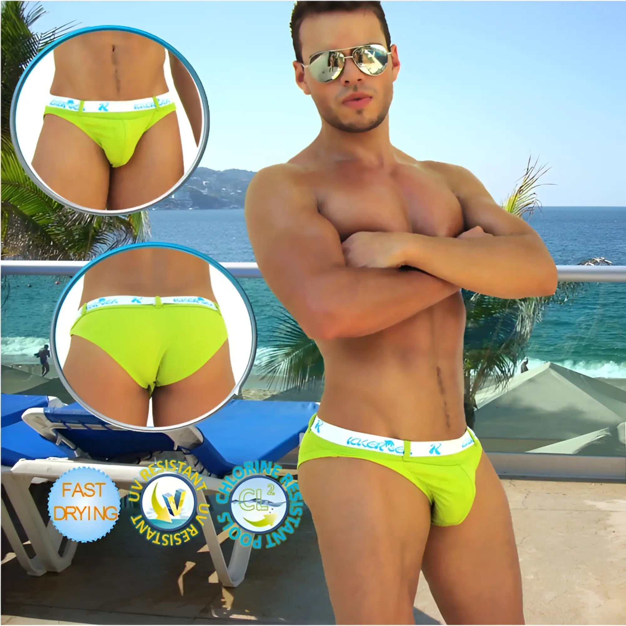 Bright neon green icker sea sailor belted logo slip bikini swimwear with white waistband and blue black branding