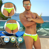 Bright neon green icker sea sailor belted logo slip bikini swimwear with white waistband and blue black branding