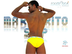 Bright yellow icker sea sailor belted logo slip bikini swimwear with white elastic waistband and blue black text