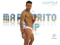 Icker Sea sailor belted logo slip bikini swimwear men’s briefs in pink with light blue trim and logo waistband
