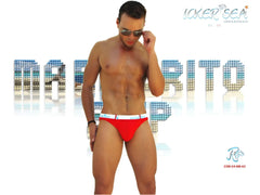 Red men’s briefs swimwear with a white belted waistband and small icker sea logo cobra 14 ms02 design
