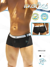 Black icker sea sailor belted logo square cut swim trunks with white elastic waistband for chlorine-resistant pool use