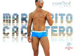 Icker Sea sailor belted logo square cut trunk swimwear in bright blue with white elastic waistband and small logo