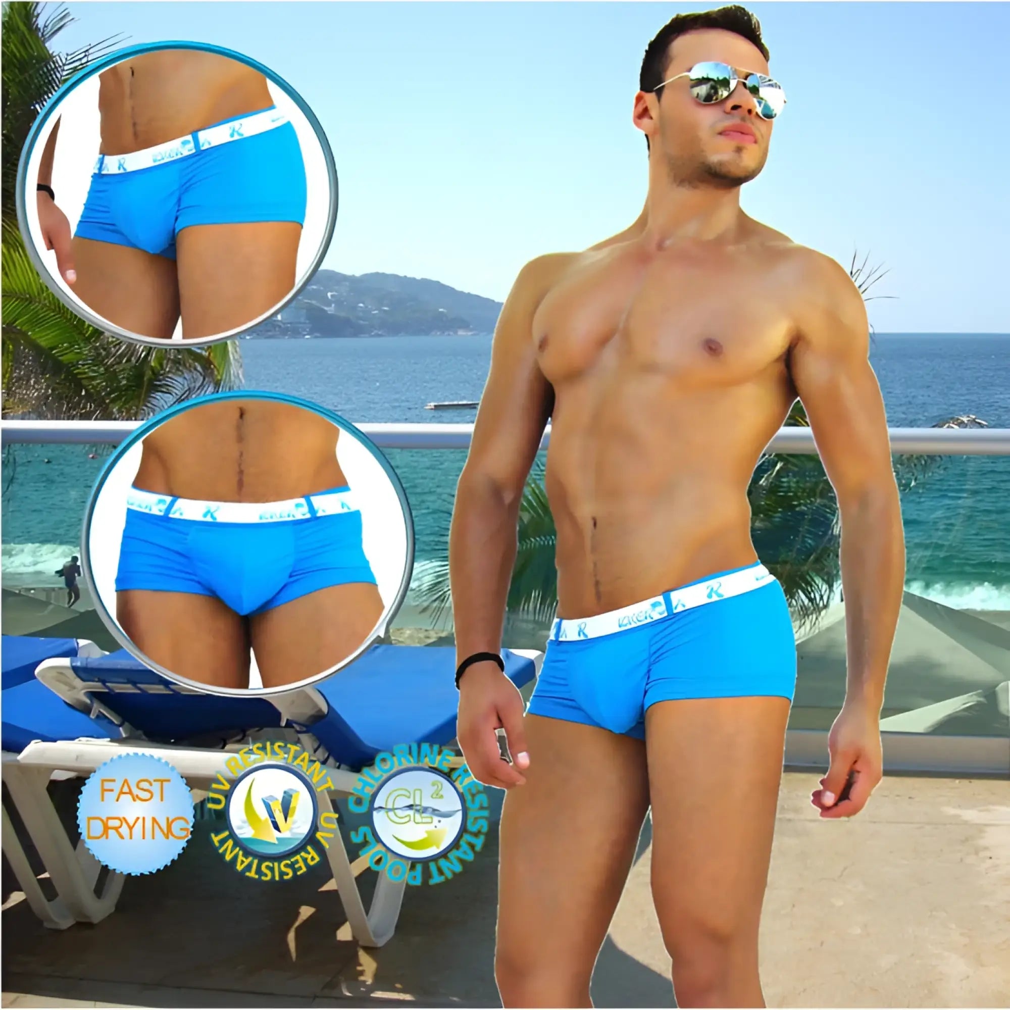 Bright blue icker sea sailor belted logo square cut trunk swimwear with white elastic waistband and subtle logo pattern