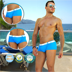 Bright blue icker sea sailor belted logo square cut trunk swimwear with white elastic waistband and subtle logo pattern
