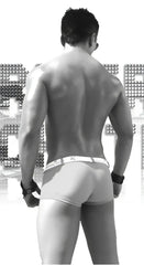 Black and white image of a muscular man wearing icker sea sailor belted logo square cut trunk swimwear in pink and white