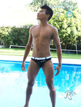 Black icker sea sailor belted logo tanga thong swimwear with white waistband and black text details