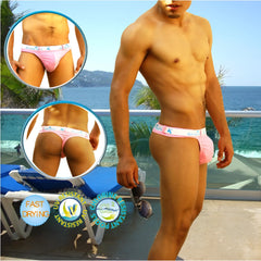 Icker Sea sailor belted logo tanga thong swimwear pink with white waistband and blue black branding for men
