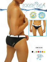 Black icker sea sailor belted slip bikini swimwear trunks with white waistband and embroidered logo on the side