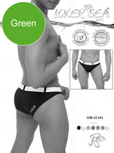 Black and white men’s swim trunks with white waistband and icker sea logo from icker sea sailer belted slip bikini swimwear green white cob 12 141
