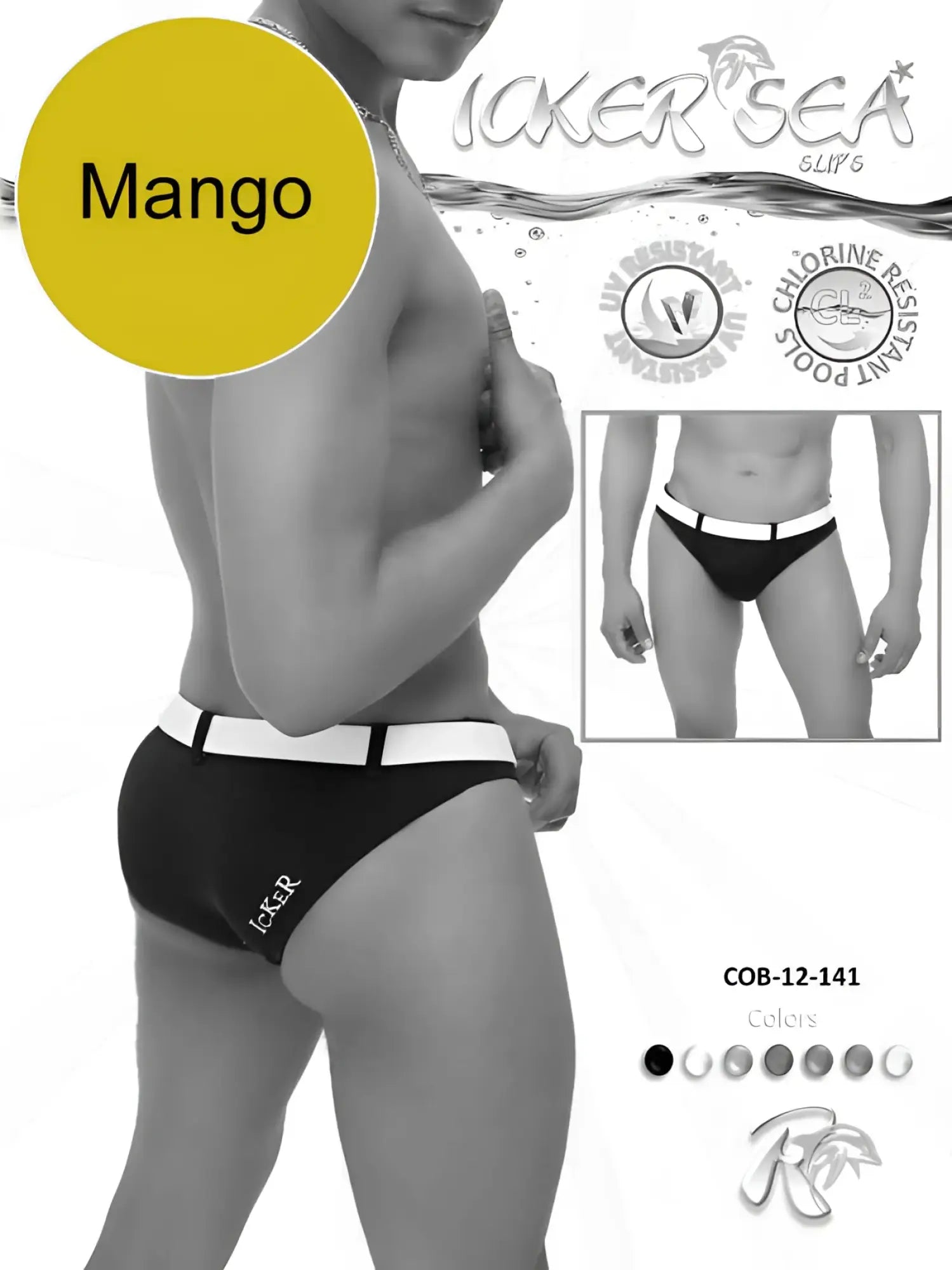Black men’s mango and white icker sea swim briefs with chlorine-resistant fabric for pool use