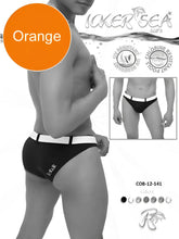 Black and white striped swim trunks with subtle laker sea logo side detail for icker sea sailor belted slip bikini