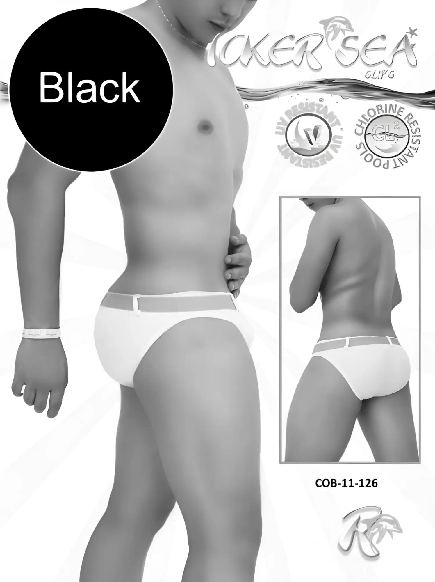 Black men’s swim trunks with white waistband and side stripes from icker sea sailor belted slip bikini swimwear white black cob-11-126