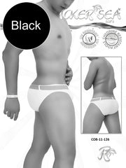 Black men’s swim trunks with white waistband and side stripes from icker sea sailor belted slip bikini swimwear white black cob-11-126