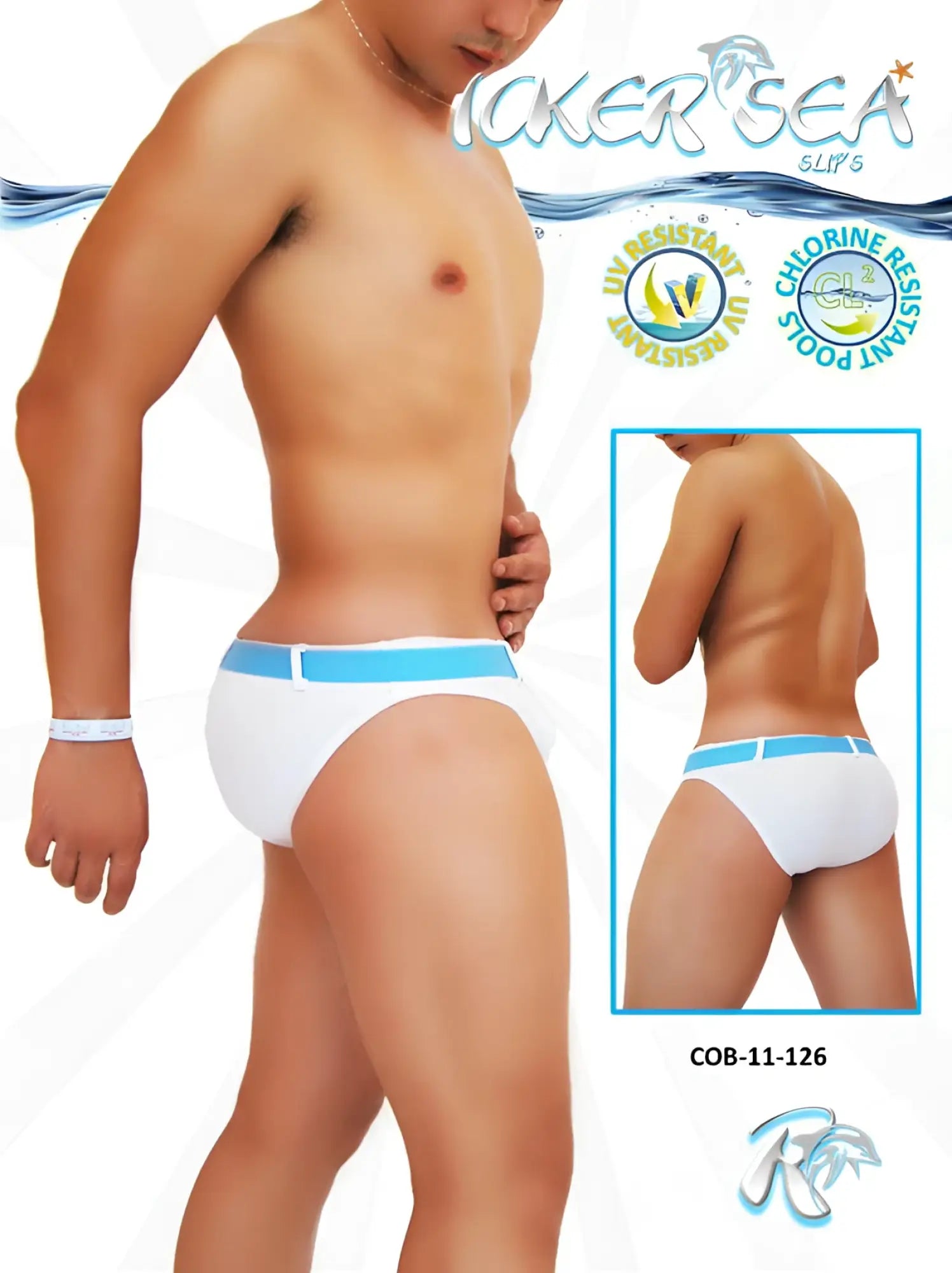 Icker sea sailor belted slip bikini swimwear white swim trunks with light blue waistband and cob-11-126 logo