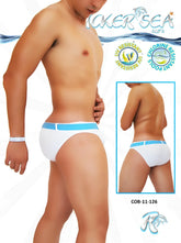 Icker sea sailor belted slip bikini swimwear white swim trunks with light blue waistband and cob-11-126 logo