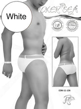 White men’s swim trunks with gray waistband featuring vicker sea logo and chlorine-resistant design cob-11-126